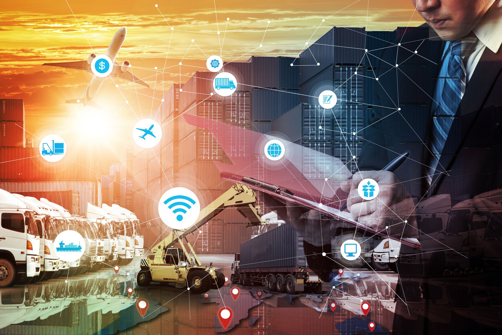 Concept de logistique d’entreprise, Global business technologie interface partenaire mondial raccord sortie de navire de fret Container