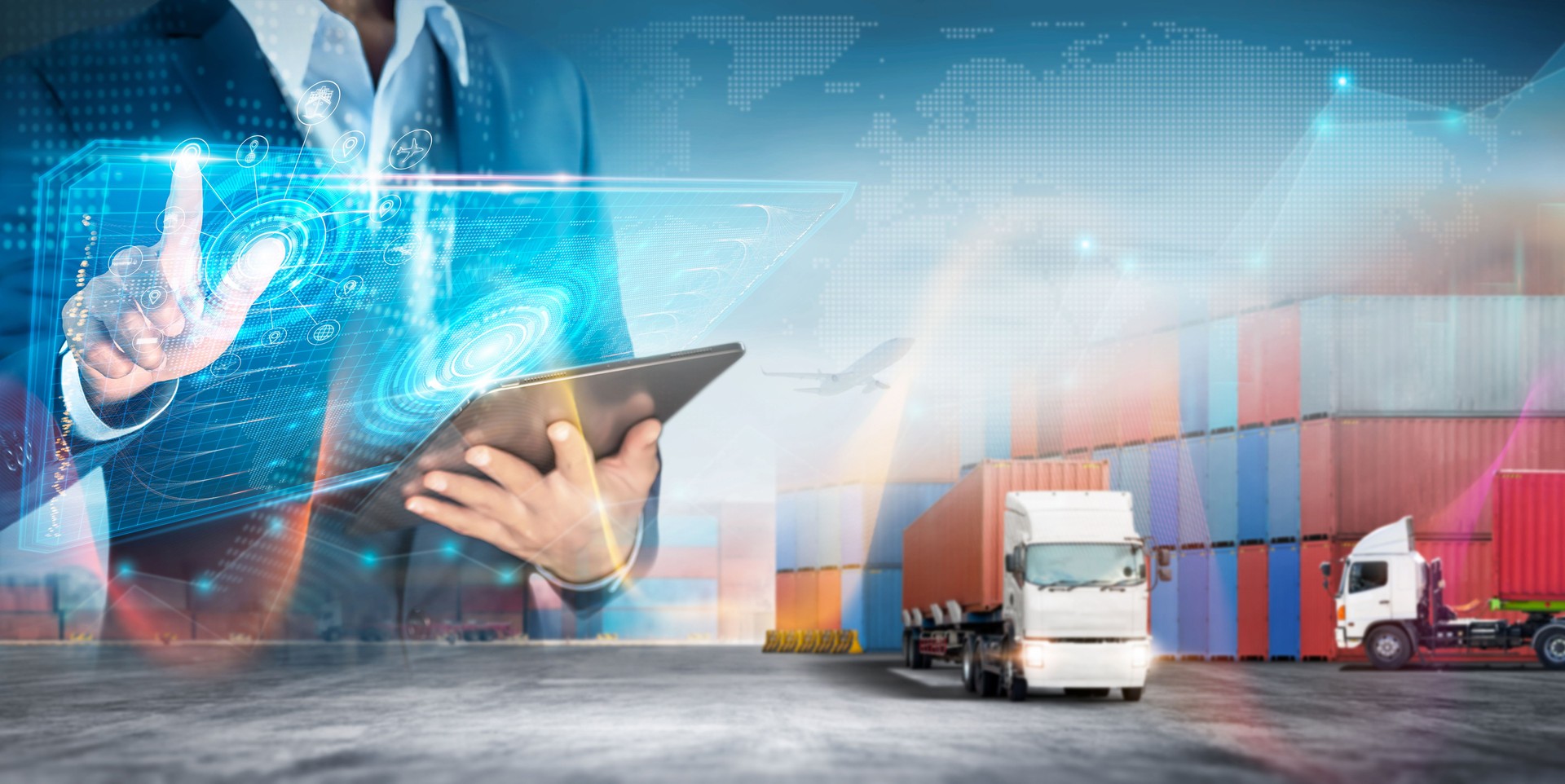 Concept d’entreprise mondiale et de technologie intelligente, Commerce international, Écran numérique de la distribution du réseau logistique et du camion de fret conteneur, Logistique import export transport contexte
